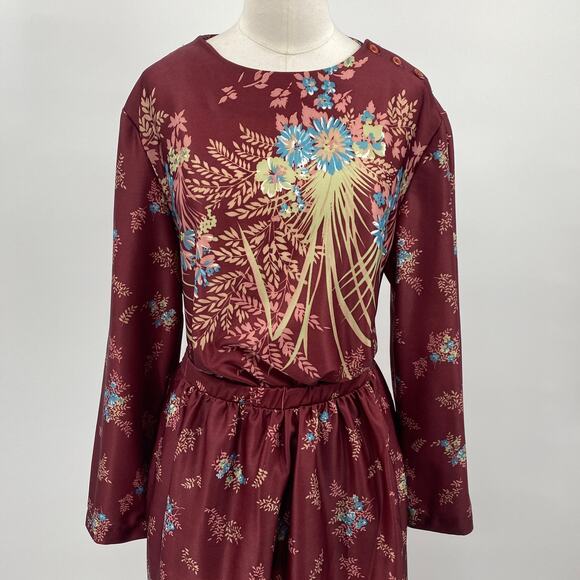Vintage 70s Floral Print Matching Skirt Set Button Neck Tunic Midi Maroon Small - Picture 3 of 12